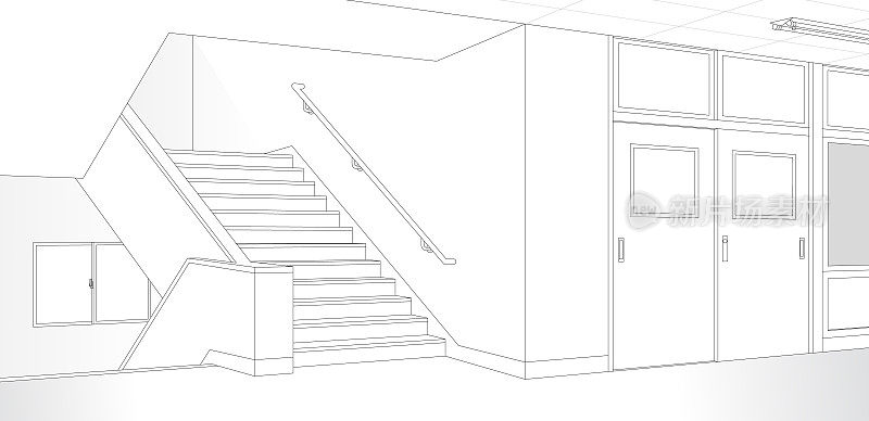 学校教室、走廊和楼梯/漫画书的单色背景材料